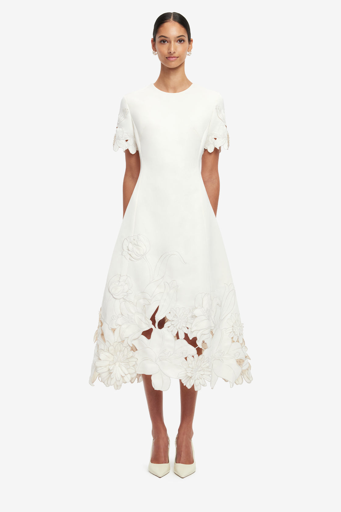 Exclusive LEO LIN Caroline Appliqué Short Sleeve Midi Dress - Ivory