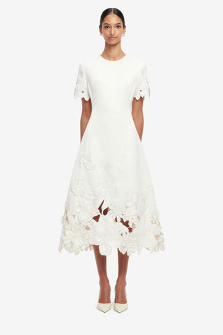 Exclusive LEO LIN Caroline Appliqué Short Sleeve Midi Dress - Ivory
