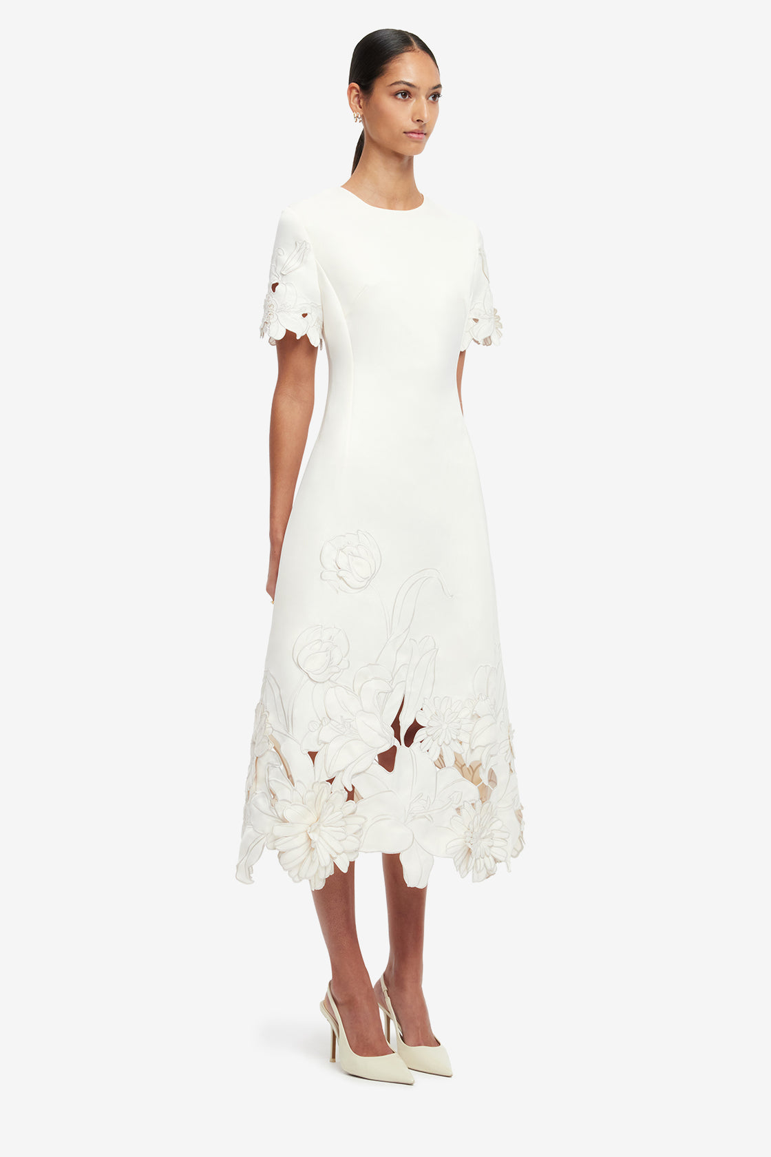 Exclusive LEO LIN Caroline Appliqué Short Sleeve Midi Dress - Ivory