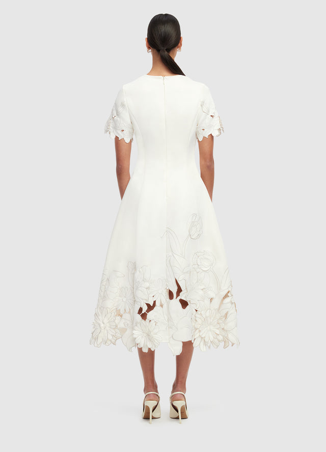 Exclusive LEO LIN Caroline Appliqué Short Sleeve Midi Dress - Ivory