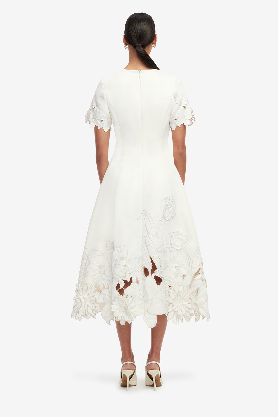 Exclusive LEO LIN Caroline Appliqué Short Sleeve Midi Dress - Ivory