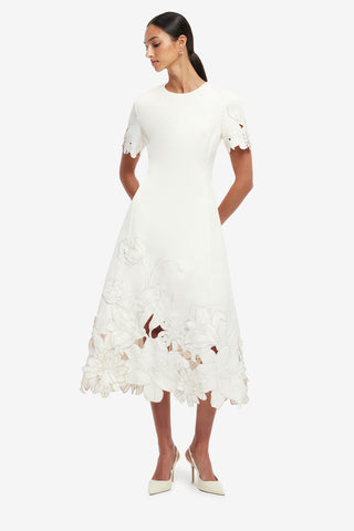 Exclusive LEO LIN Caroline Appliqué Short Sleeve Midi Dress - Ivory