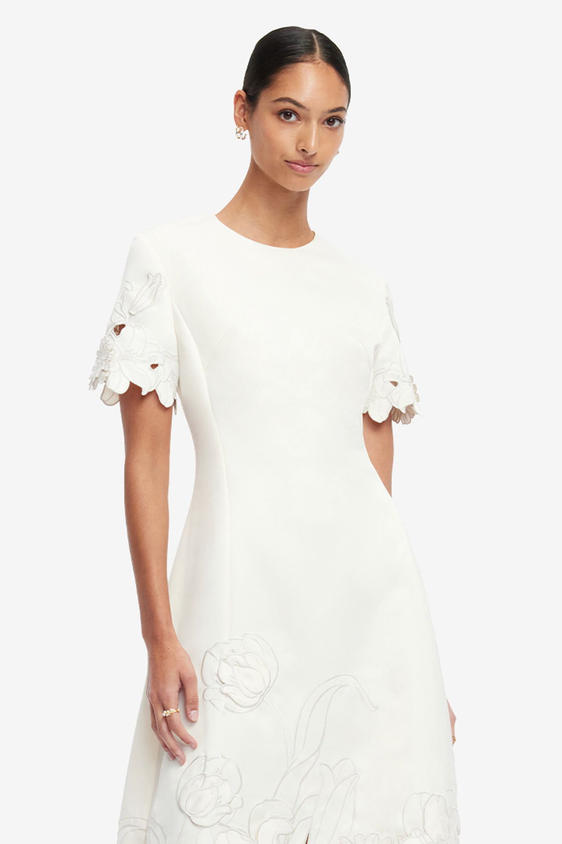 Exclusive LEO LIN Caroline Appliqué Short Sleeve Midi Dress - Ivory