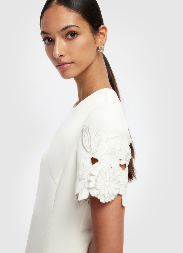 Exclusive LEO LIN Caroline Appliqué Short Sleeve Midi Dress - Ivory