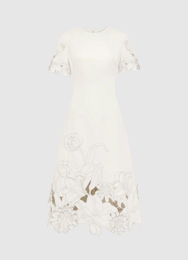 Exclusive LEO LIN Caroline Appliqué Short Sleeve Midi Dress - Ivory