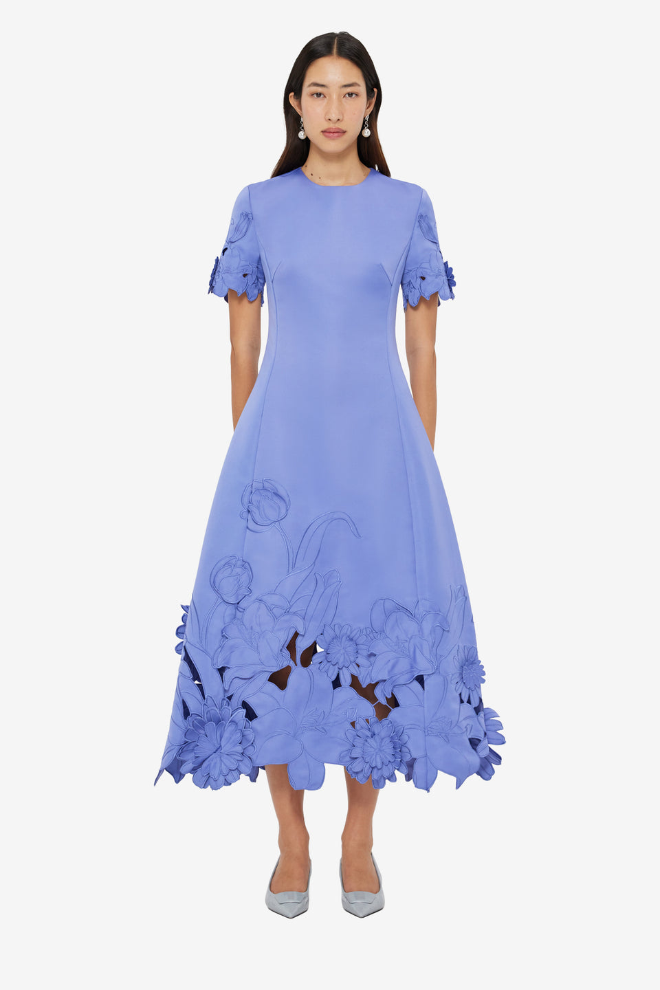 Exclusive LEO LIN Caroline Applique Short Sleeve Midi Dress - Moonlight