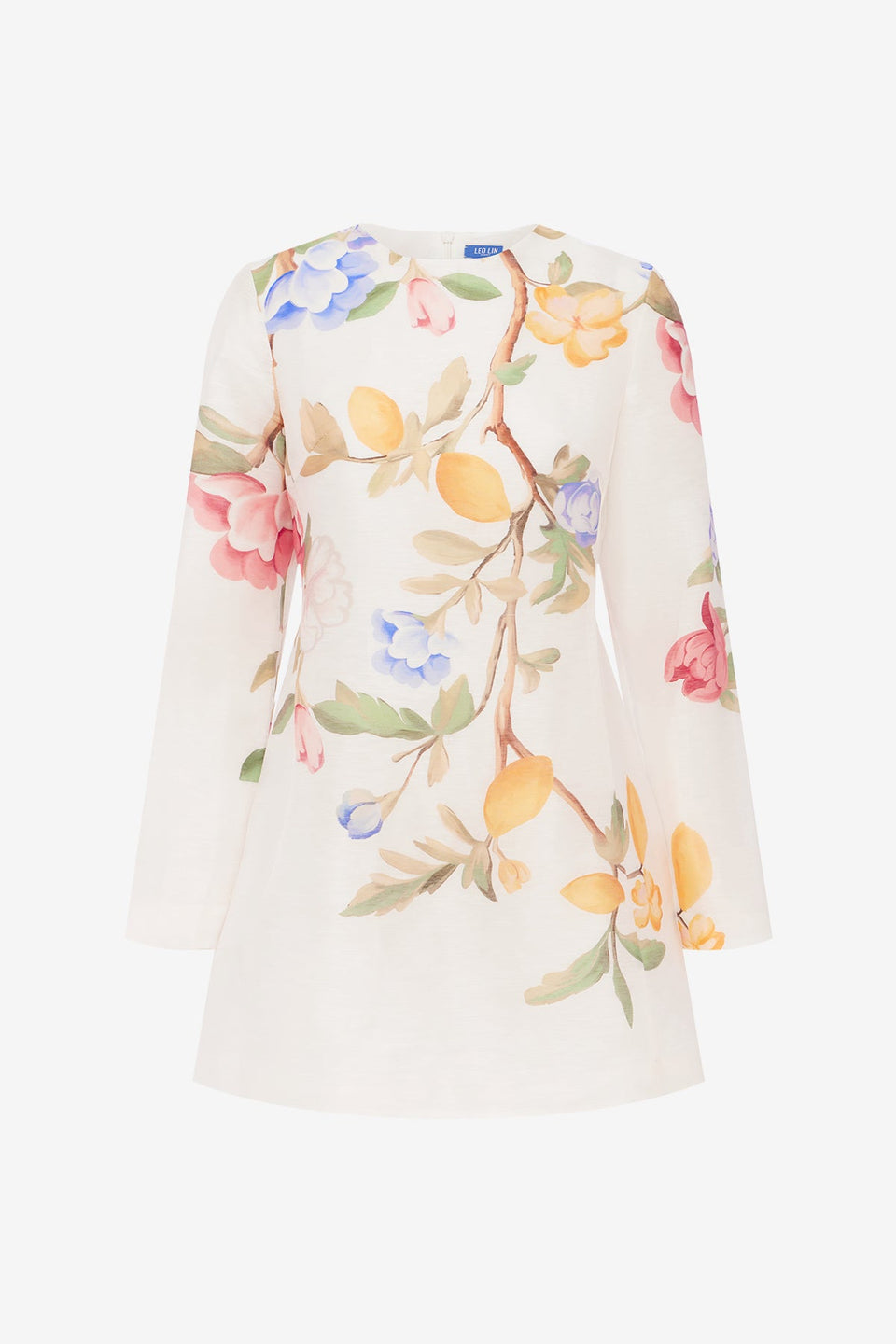 Aliza Long Sleeve Mini Dress - Lemon Vine Print in Snow Dress Mini