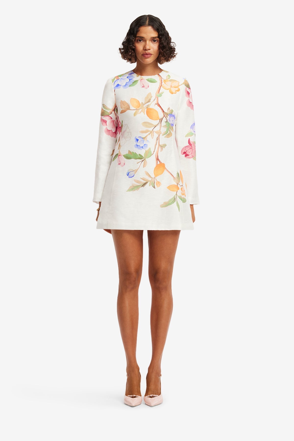Aliza Long Sleeve Mini Dress - Lemon Vine Print in Snow – LEO LIN
