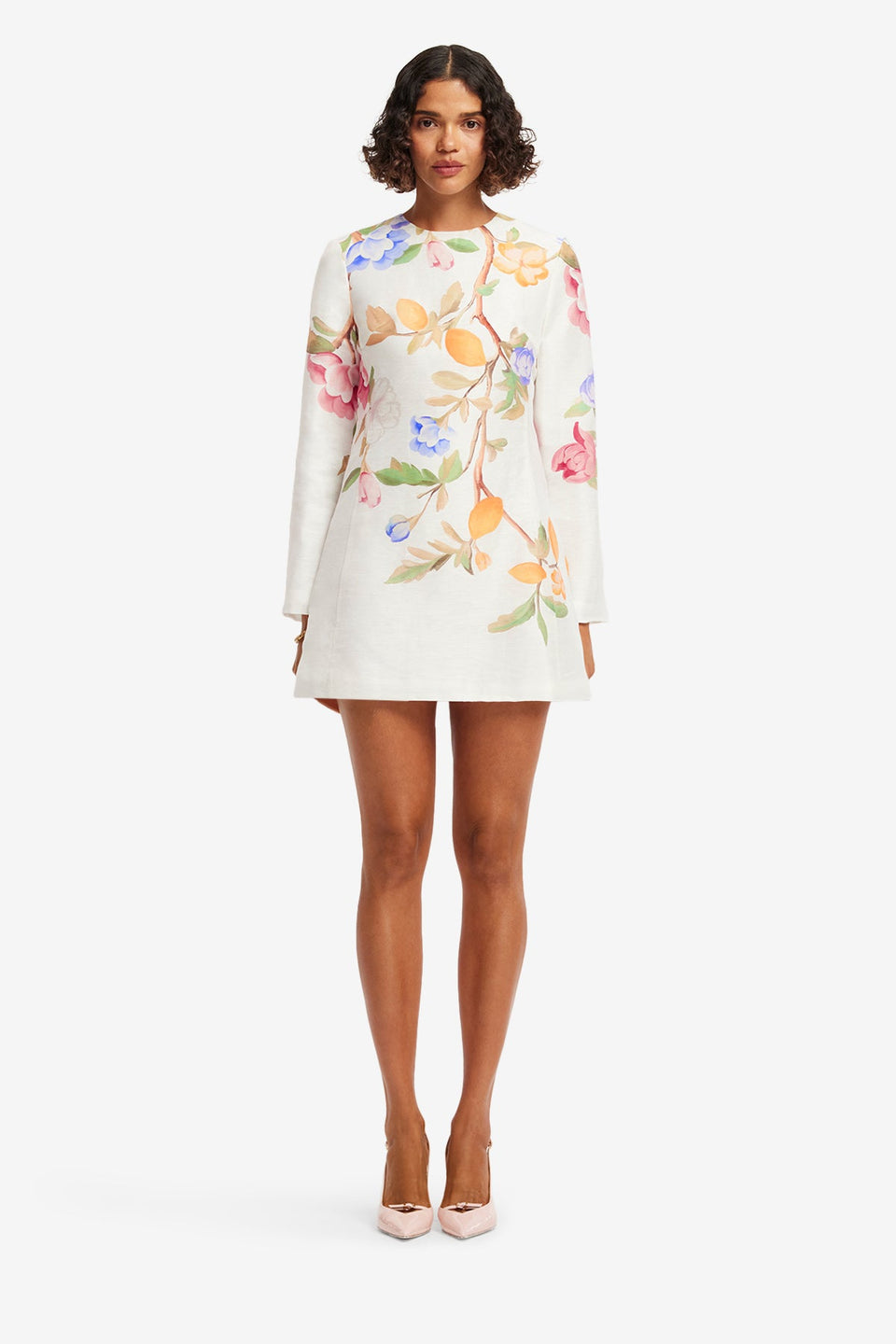Aliza Long Sleeve Mini Dress - Lemon Vine Print in Snow Dress Mini