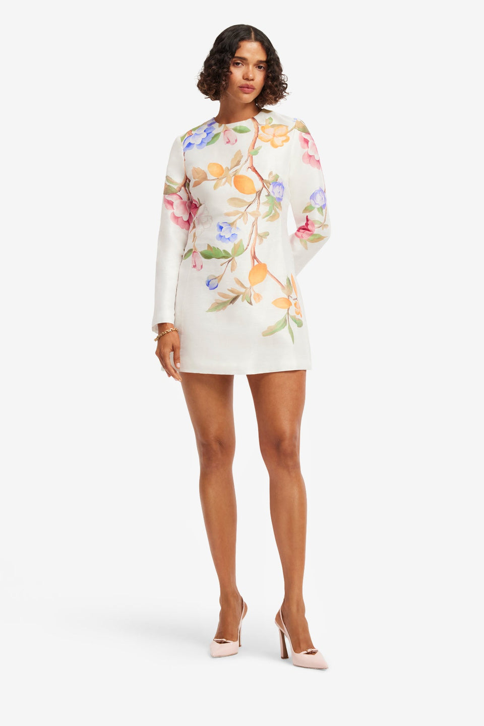 Aliza Long Sleeve Mini Dress - Lemon Vine Print in Snow Dress Mini