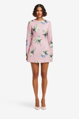 Aliza Long Sleeve Mini Dress - Bouquet Print in Pastel Pink Dress Mini