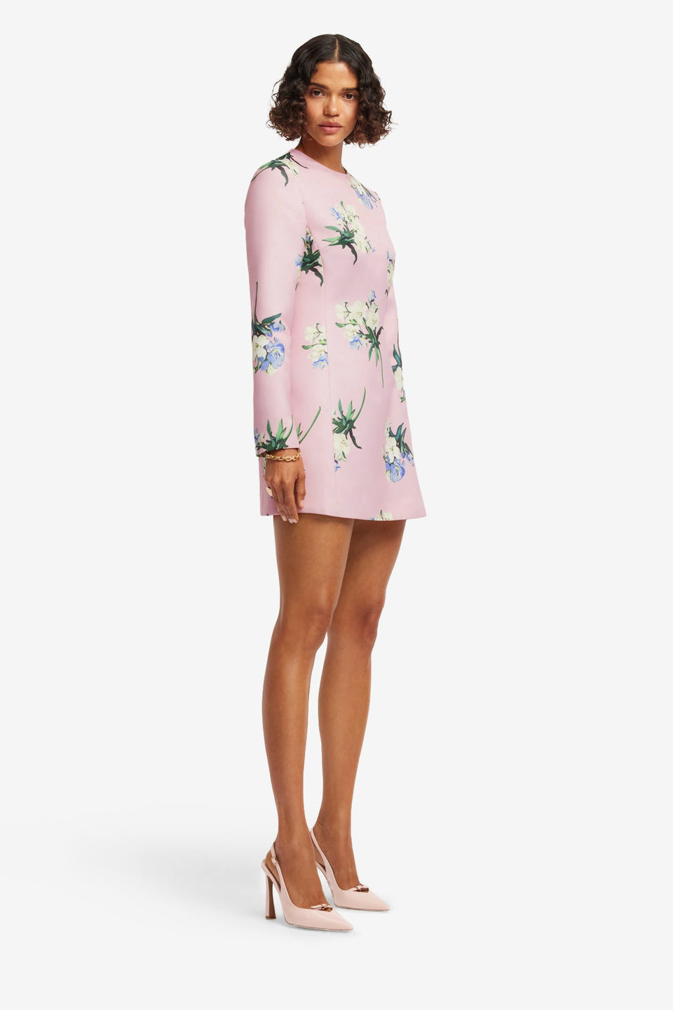 Exclusive LEO LIN Aliza Long Sleeve Mini Dress - Bouquet Print in Pastel Pink