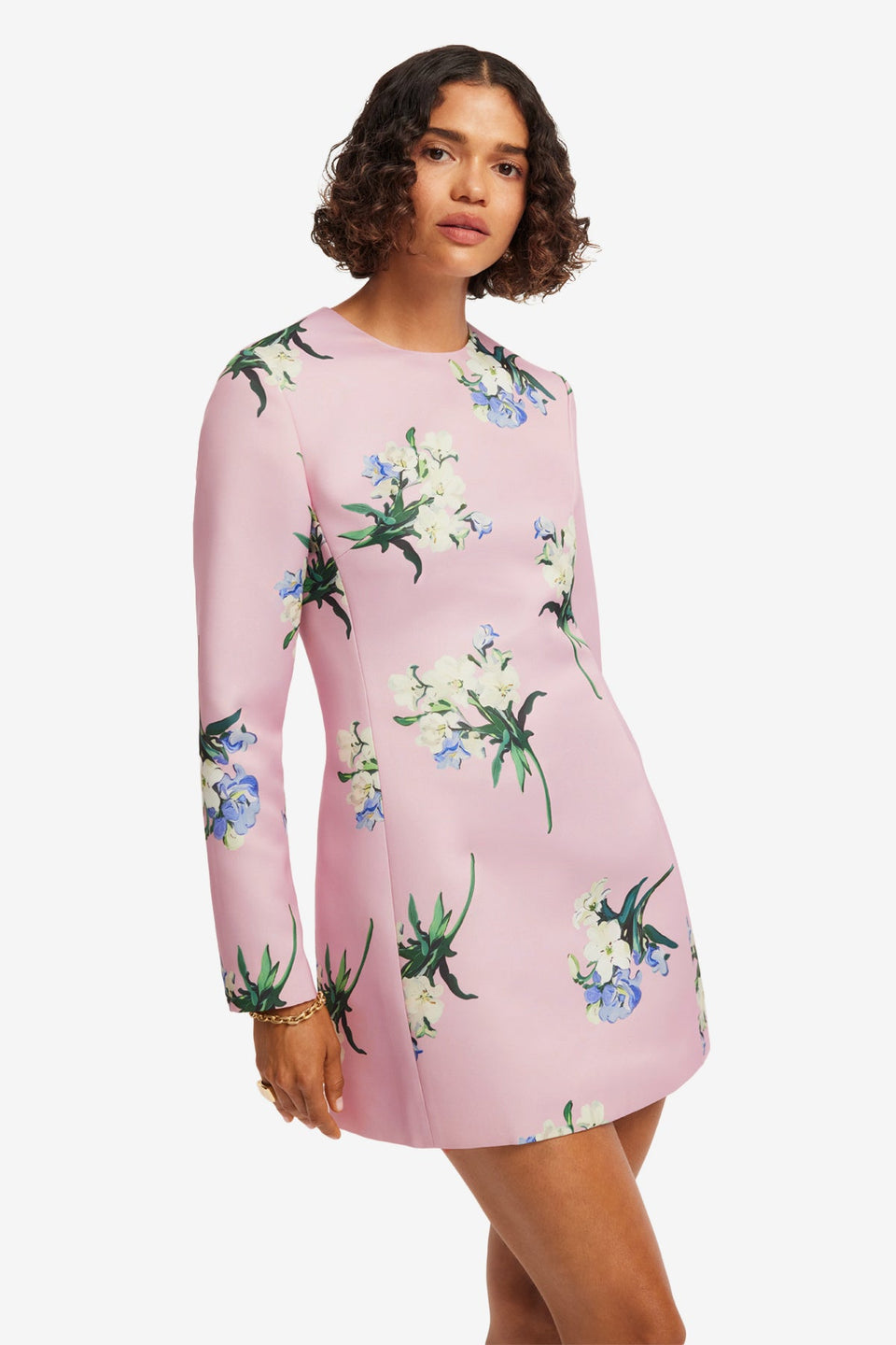Exclusive LEO LIN Aliza Long Sleeve Mini Dress - Bouquet Print in Pastel Pink