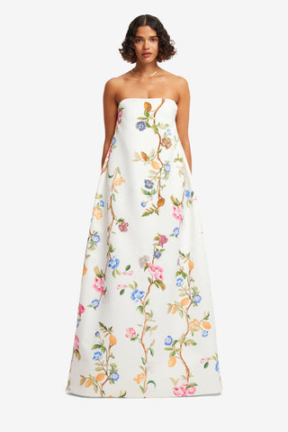 Phoebe Embellished Gown - Lemon Vine Print in Snow Dress Maxi