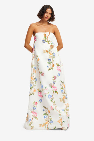 Phoebe Embellished Gown - Lemon Vine Print in Snow Dress Maxi