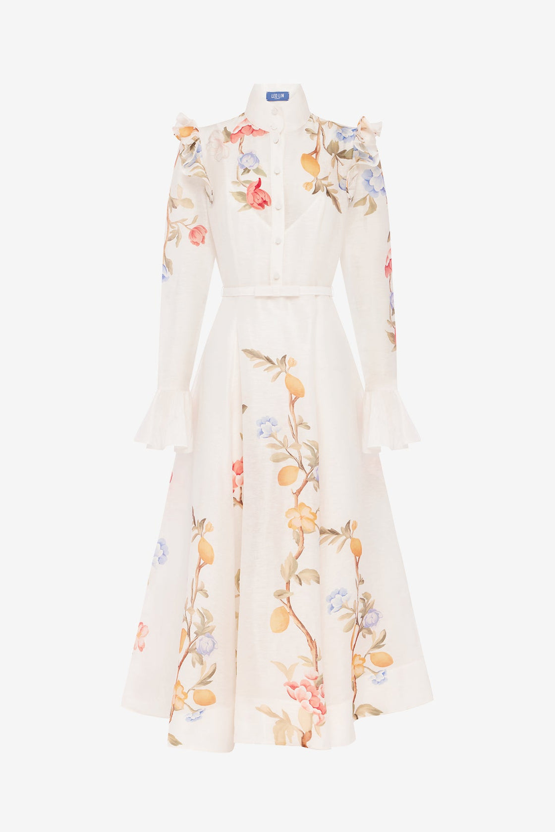 Selina Butterfly Sleeve Midi Dress - Lemon Vine Print in Snow Dress Midi