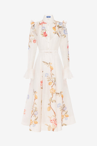 Selina Butterfly Sleeve Midi Dress - Lemon Vine Print in Snow Dress Midi