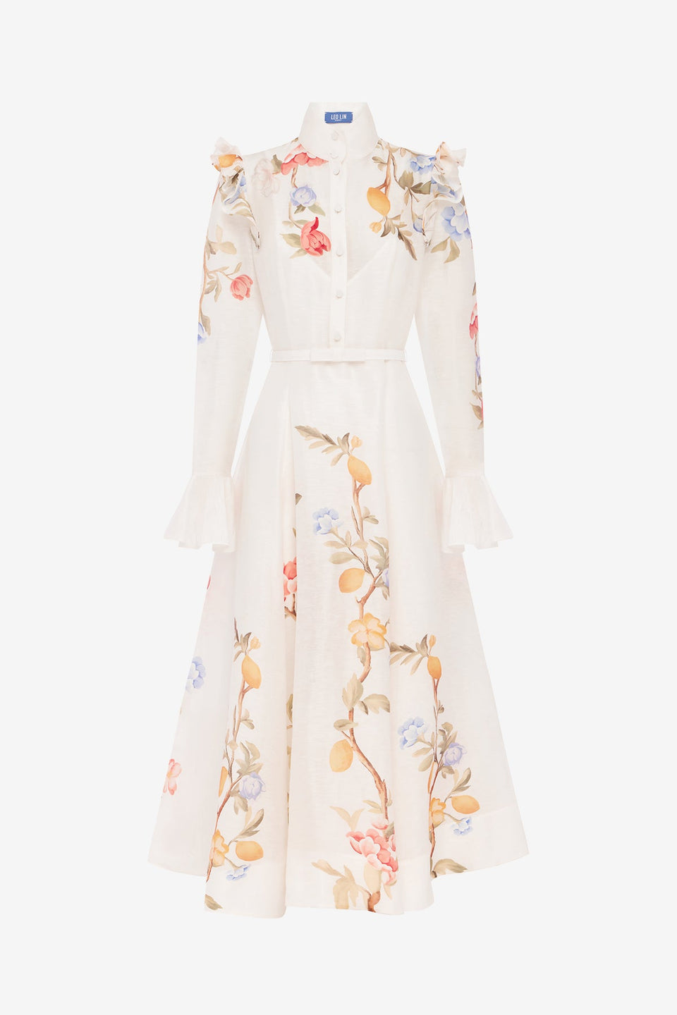 Exclusive LEO LIN Selina Butterfly Sleeve Midi Dress - Lemon Vine Print in Snow