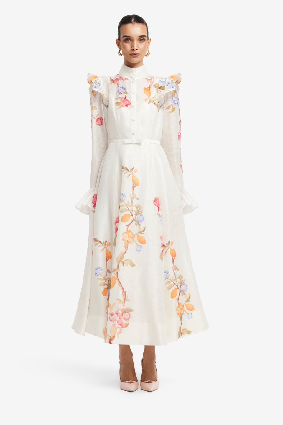 Exclusive LEO LIN Selina Butterfly Sleeve Midi Dress - Lemon Vine Print in Snow