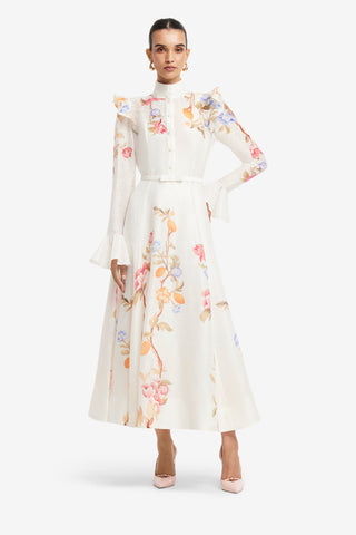 Selina Butterfly Sleeve Midi Dress - Lemon Vine Print in Snow Dress Midi