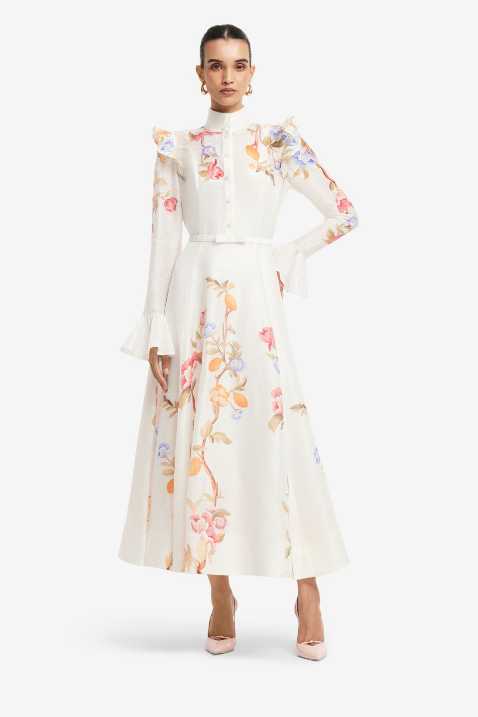 Exclusive LEO LIN Selina Butterfly Sleeve Midi Dress - Lemon Vine Print in Snow