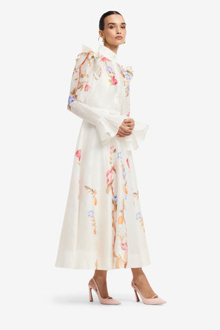 Selina Butterfly Sleeve Midi Dress - Lemon Vine Print in Snow Dress Midi