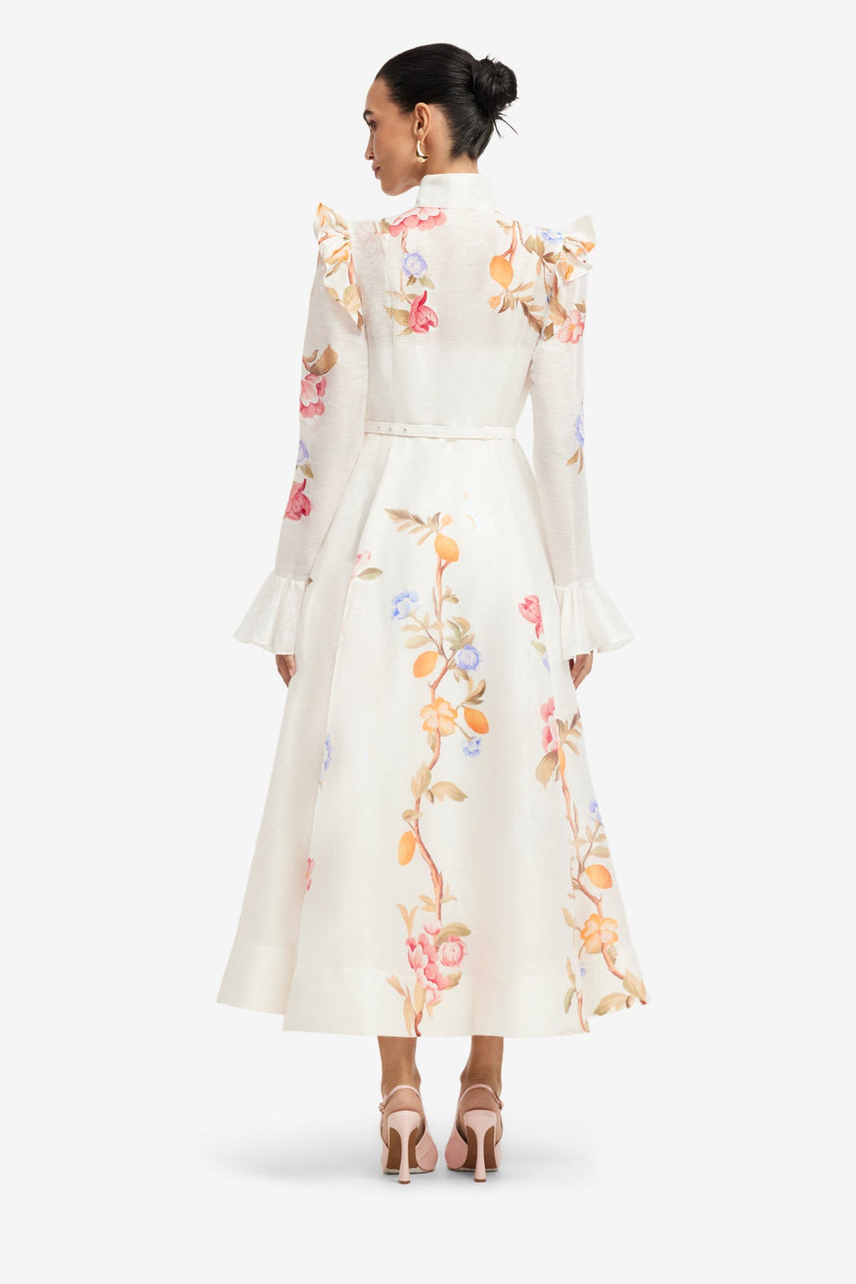 Exclusive LEO LIN Selina Butterfly Sleeve Midi Dress - Lemon Vine Print in Snow