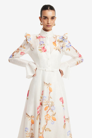 Selina Butterfly Sleeve Midi Dress - Lemon Vine Print in Snow Dress Midi