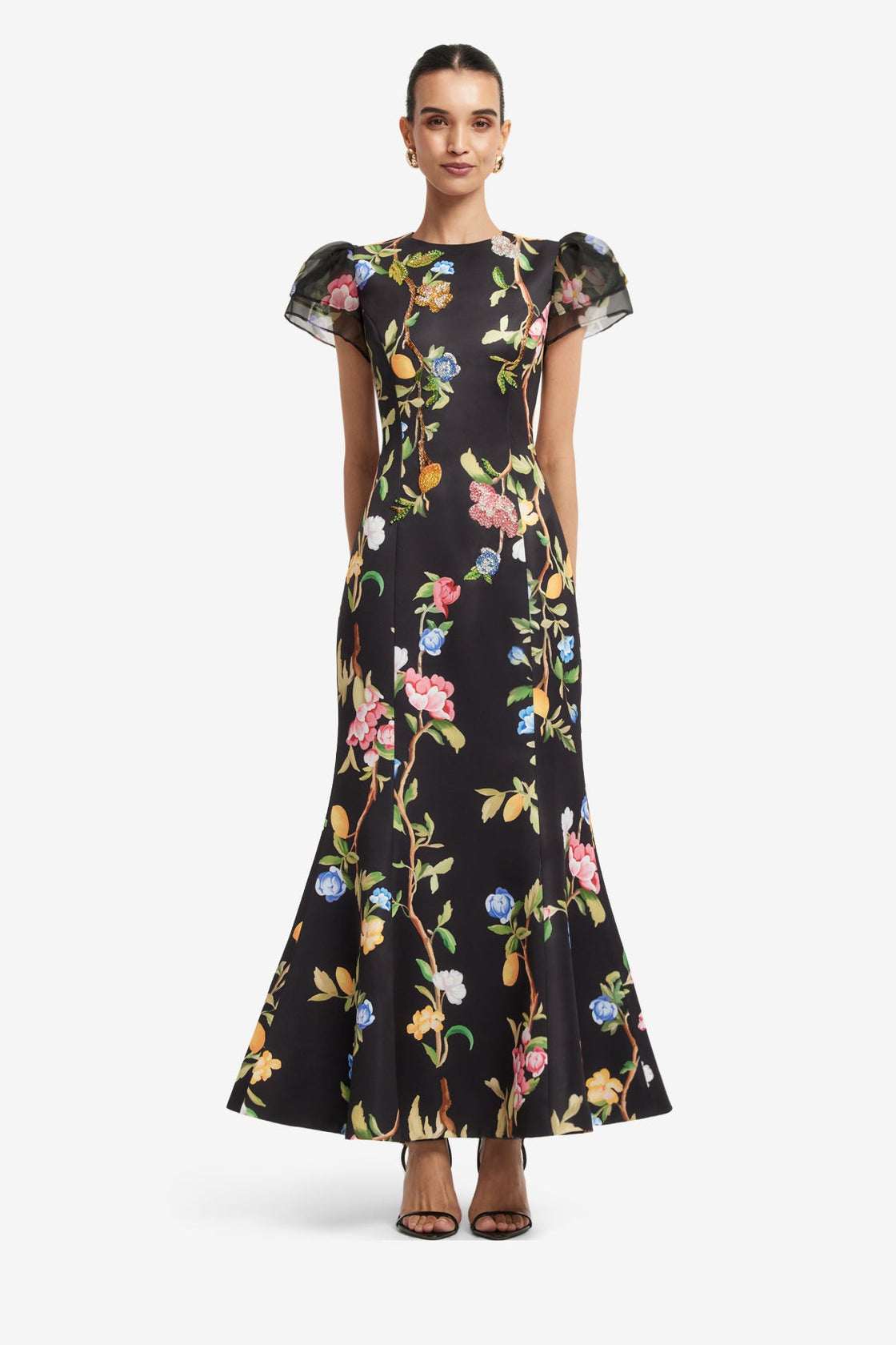 Sofia Embellished Puff Sleeve Maxi Dress - Lemon Vine Print in Ebony Dress Maxi