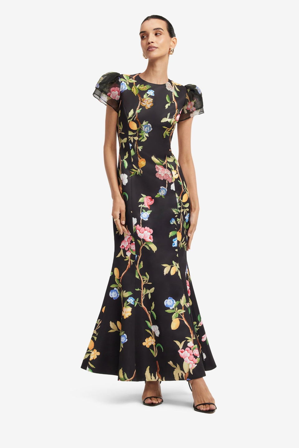 Sofia Embellished Puff Sleeve Maxi Dress - Lemon Vine Print in Ebony Dress Maxi