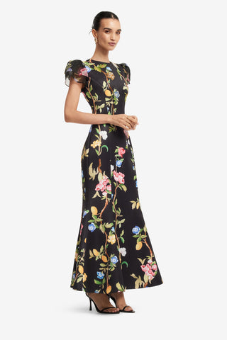 Sofia Embellished Puff Sleeve Maxi Dress - Lemon Vine Print in Ebony Dress Maxi