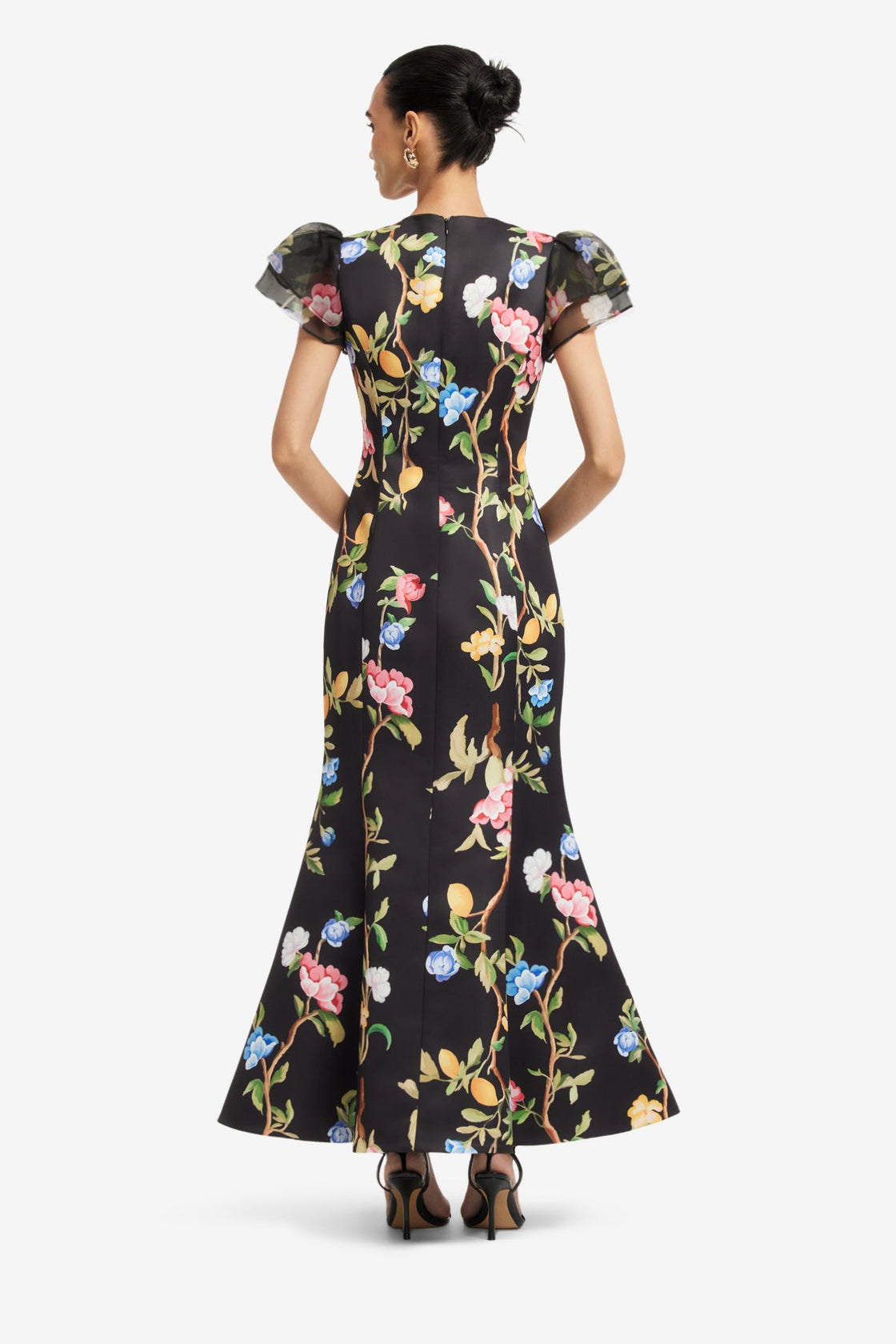 Sofia Embellished Puff Sleeve Maxi Dress - Lemon Vine Print in Ebony Dress Maxi