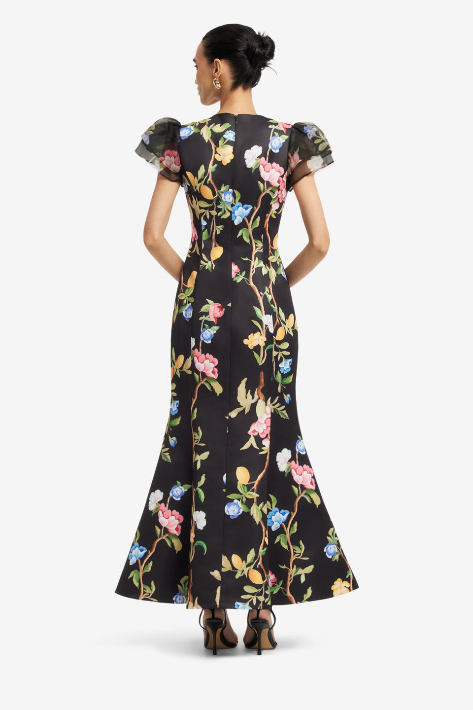 Sofia Embellished Puff Sleeve Maxi Dress - Lemon Vine Print in Ebony Dress Maxi
