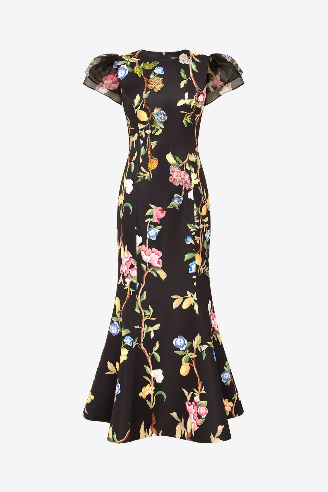 Sofia Embellished Puff Sleeve Maxi Dress - Lemon Vine Print in Ebony Dress Maxi