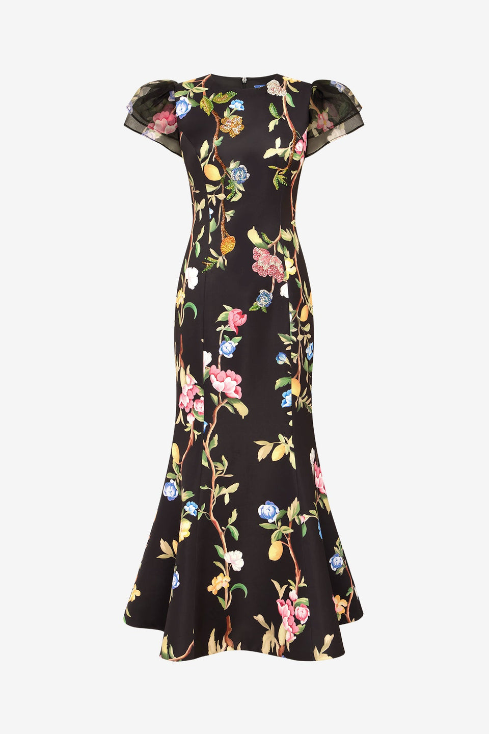 Sofia Embellished Puff Sleeve Maxi Dress - Lemon Vine Print in Ebony Dress Maxi
