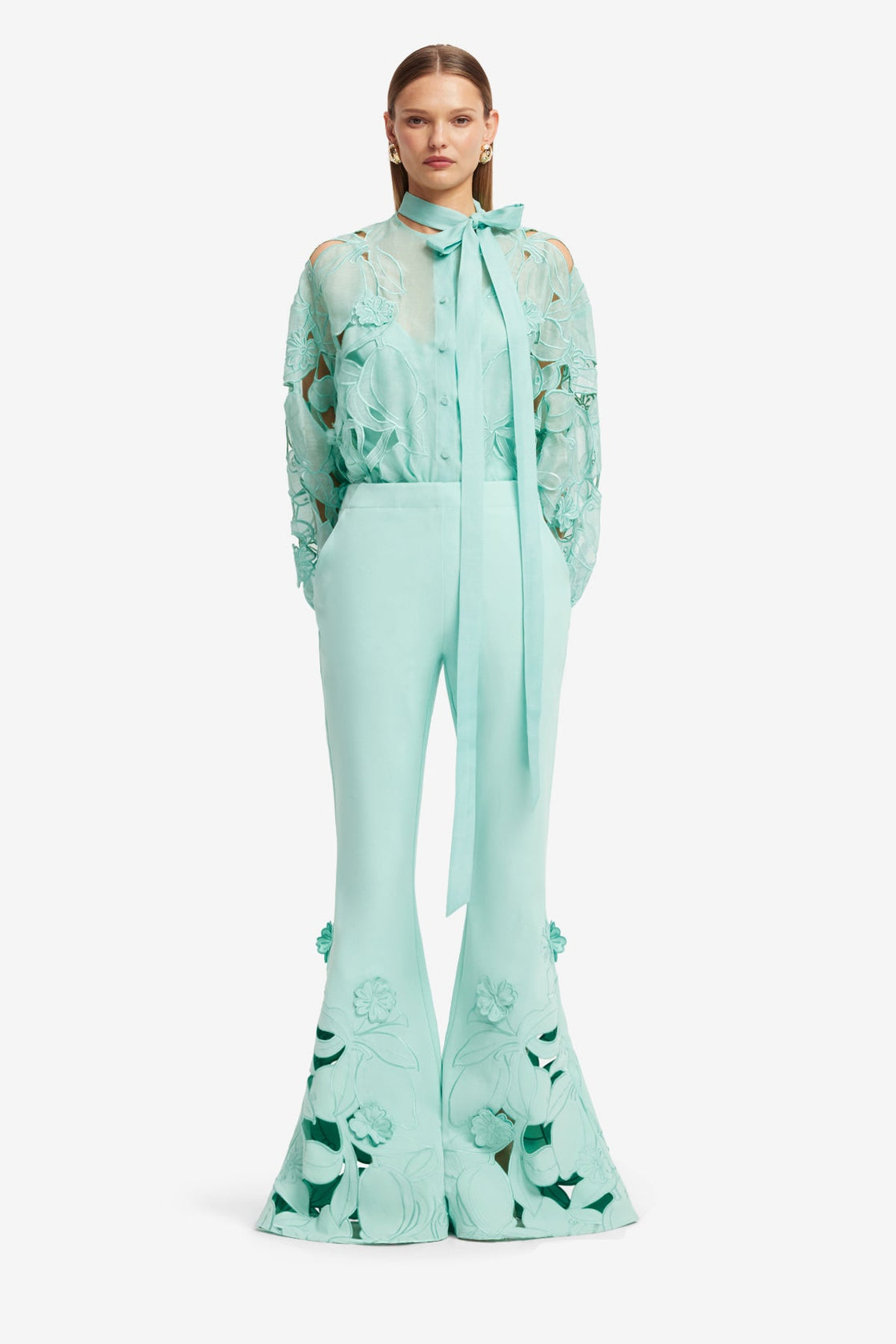 Vera Appliqué Flared Pants - Pale Turquoise Pants