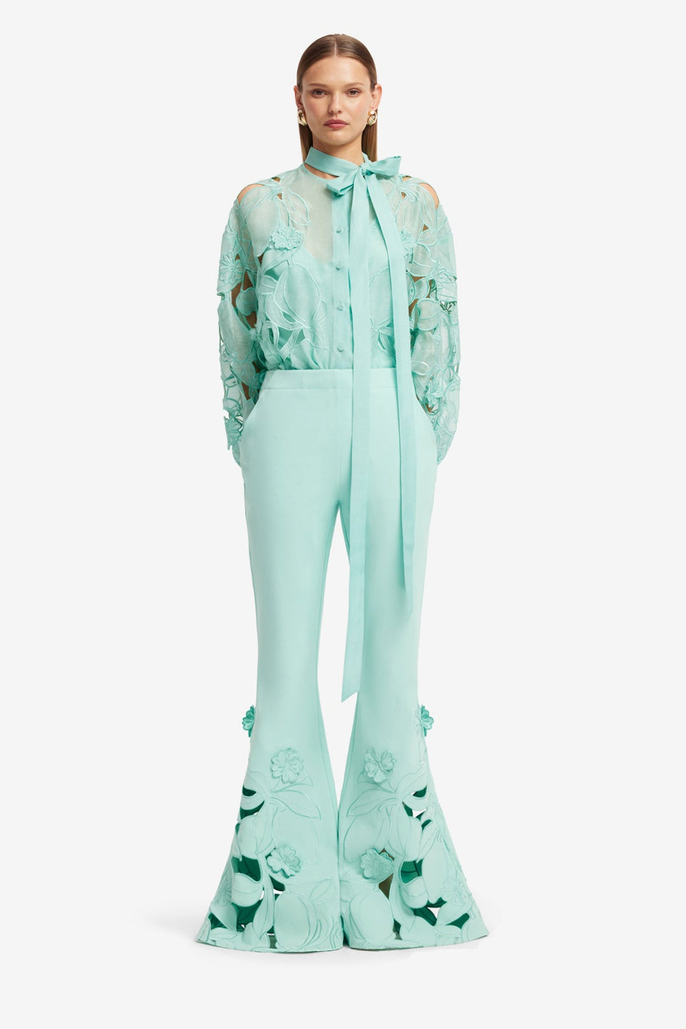 Vera Appliqué Flared Pants - Pale Turquoise Pants