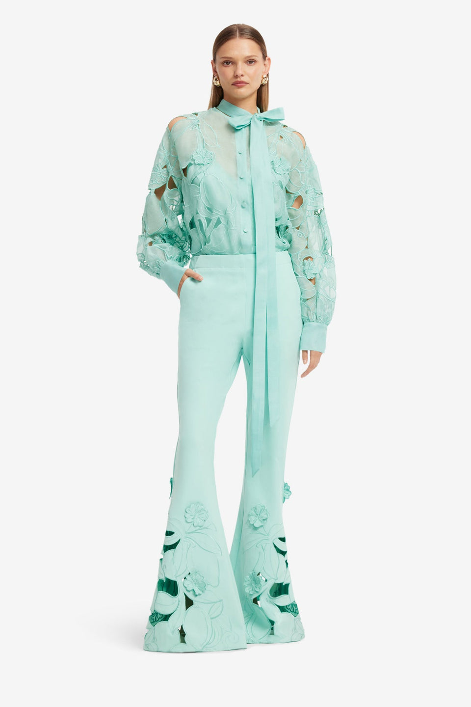 Vera Appliqué Flared Pants - Pale Turquoise Pants