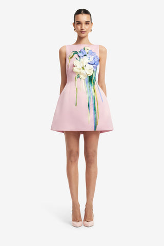 Ali Embroidered Boat Neck Mini Dress - Bouquet Print in Pastel Pink Dress Mini
