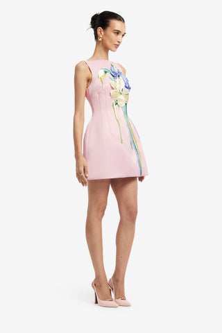 Ali Embroidered Boat Neck Mini Dress - Bouquet Print in Pastel Pink Dress Mini