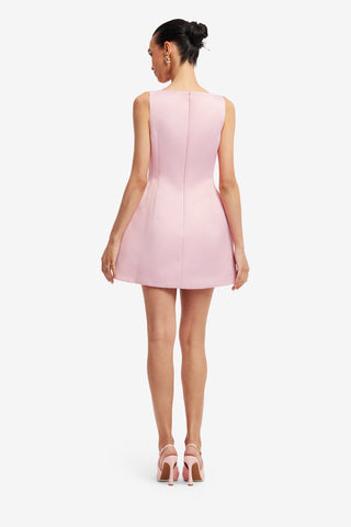 Ali Embroidered Boat Neck Mini Dress - Bouquet Print in Pastel Pink Dress Mini