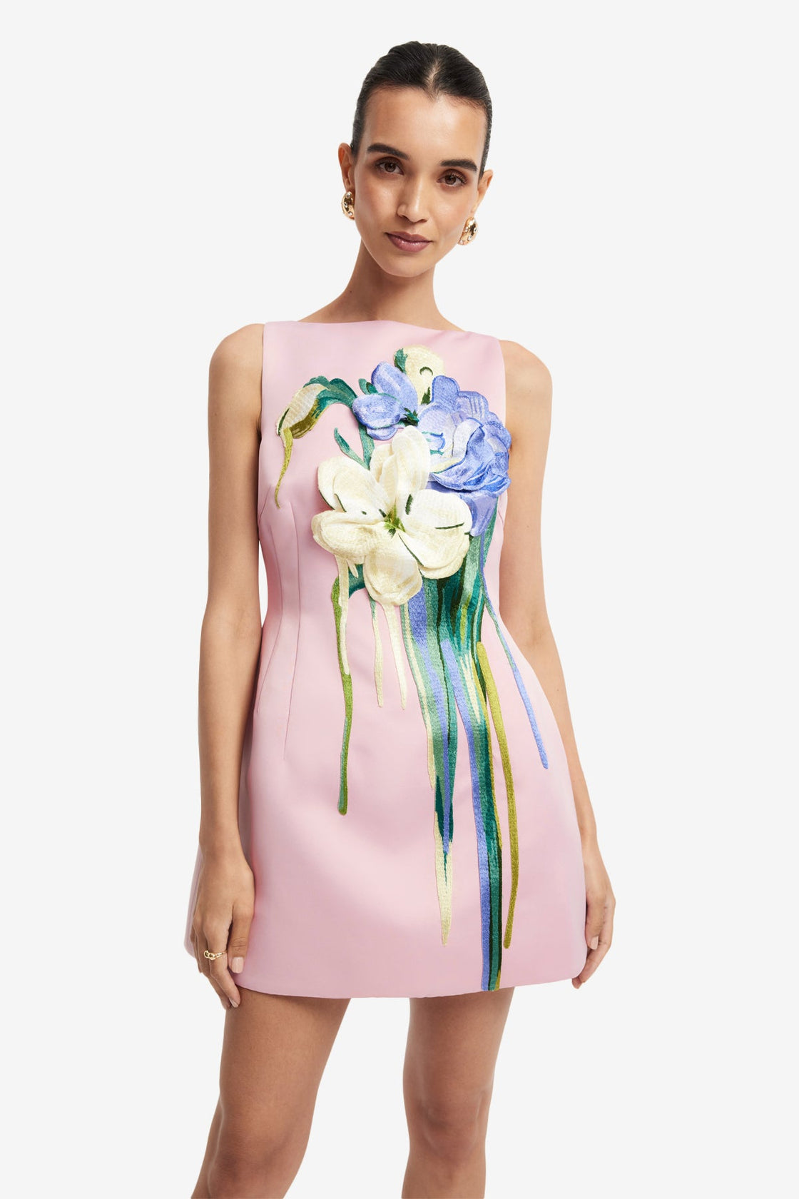 Ali Embroidered Boat Neck Mini Dress - Bouquet Print in Pastel Pink Dress Mini