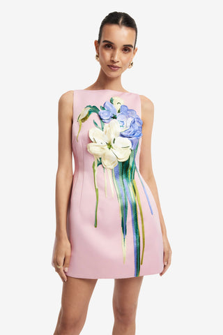 Ali Embroidered Boat Neck Mini Dress - Bouquet Print in Pastel Pink Dress Mini