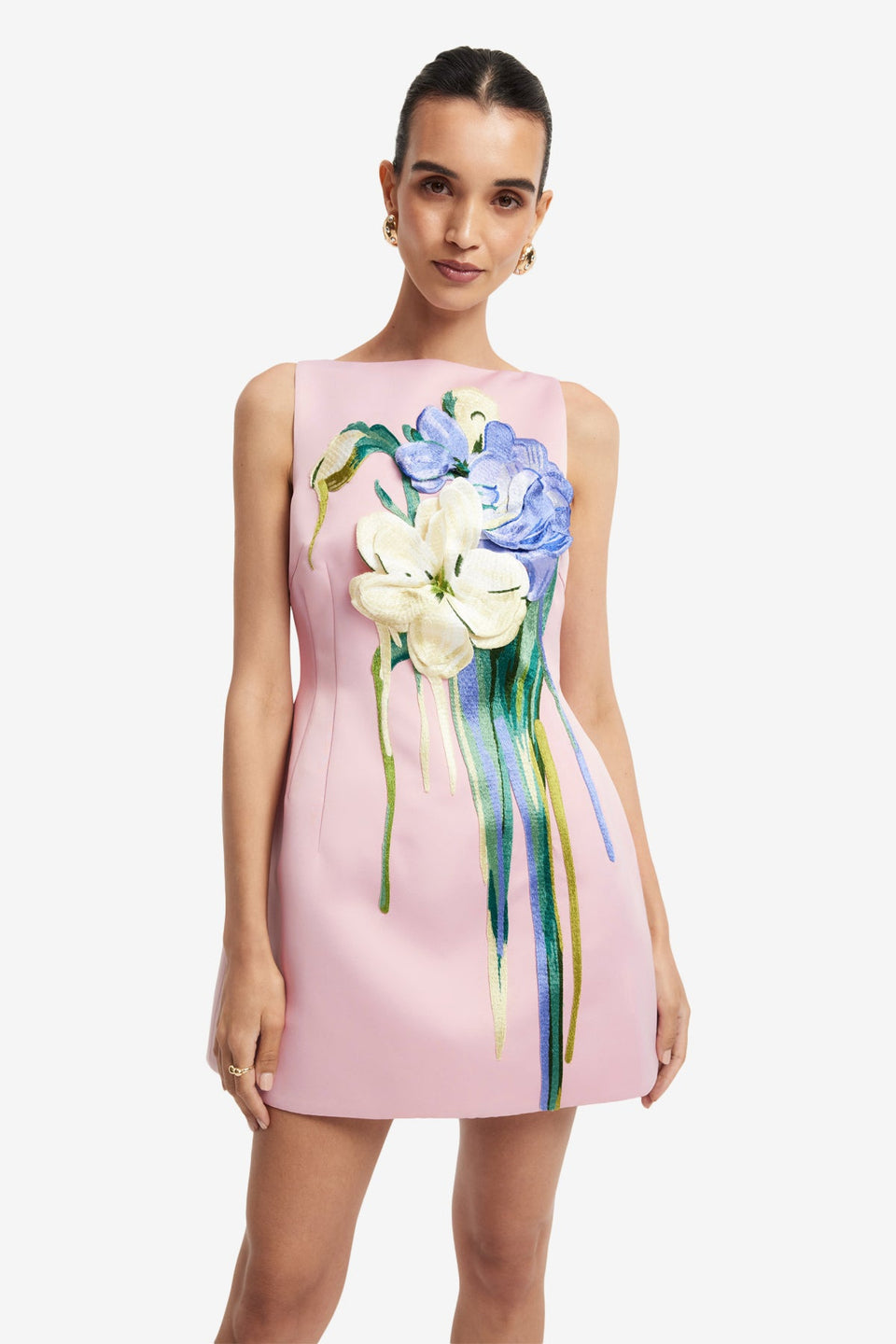 Exclusive LEO LIN Ali Embroidered Boat Neck Mini Dress - Bouquet Print in Pastel Pink