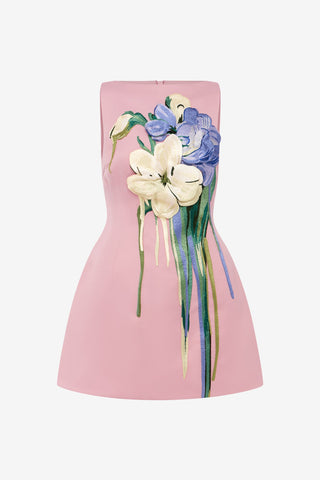 Ali Embroidered Boat Neck Mini Dress - Bouquet Print in Pastel Pink Dress Mini
