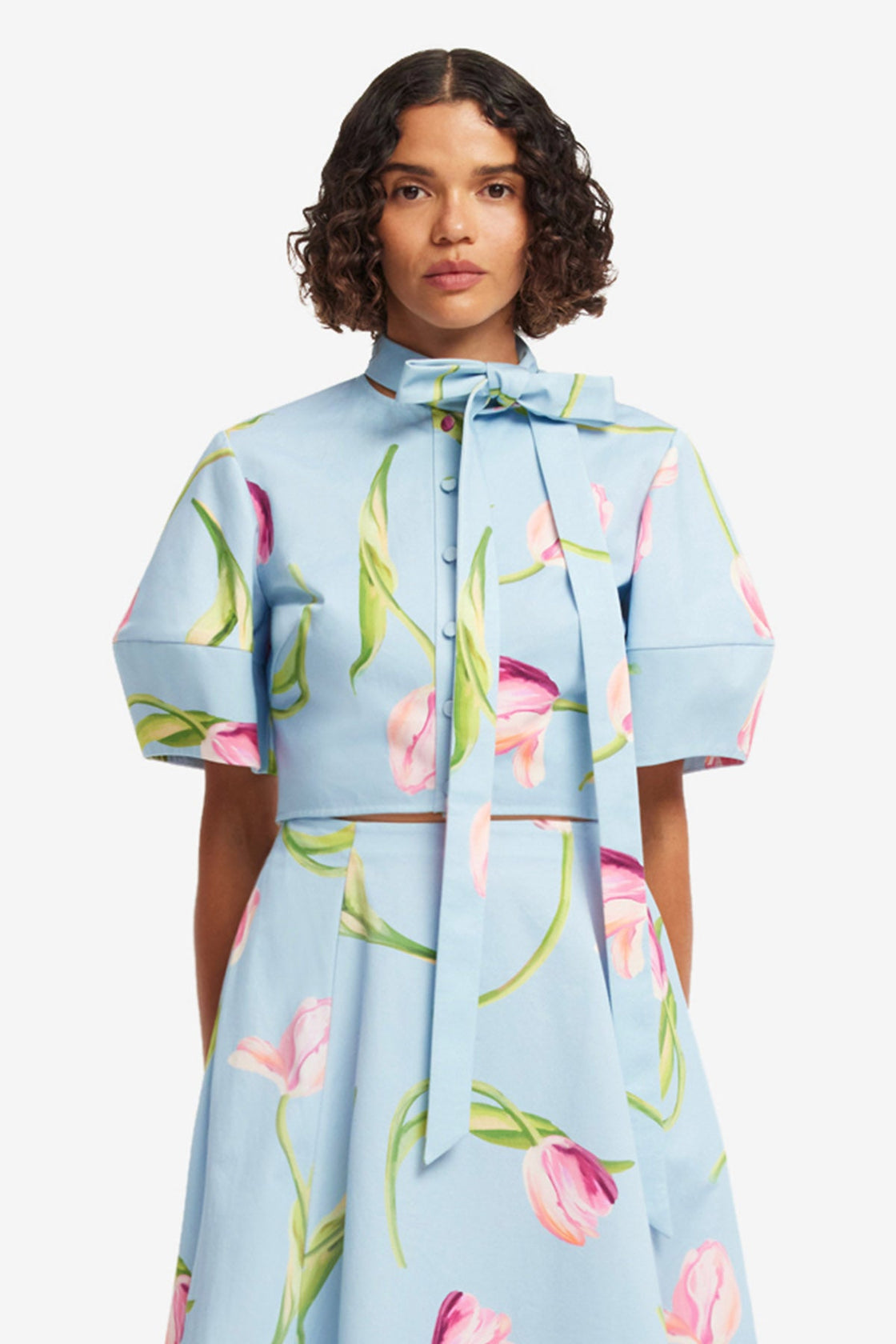 Molly Puff Sleeve Top - Tulip Print in Blue Tops