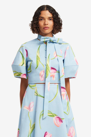 Molly Puff Sleeve Top - Tulip Print in Blue Tops