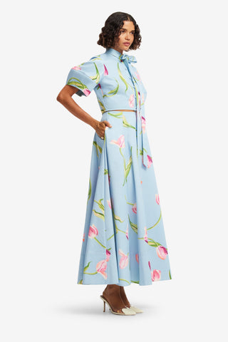 Molly Puff Sleeve Top - Tulip Print in Blue Tops