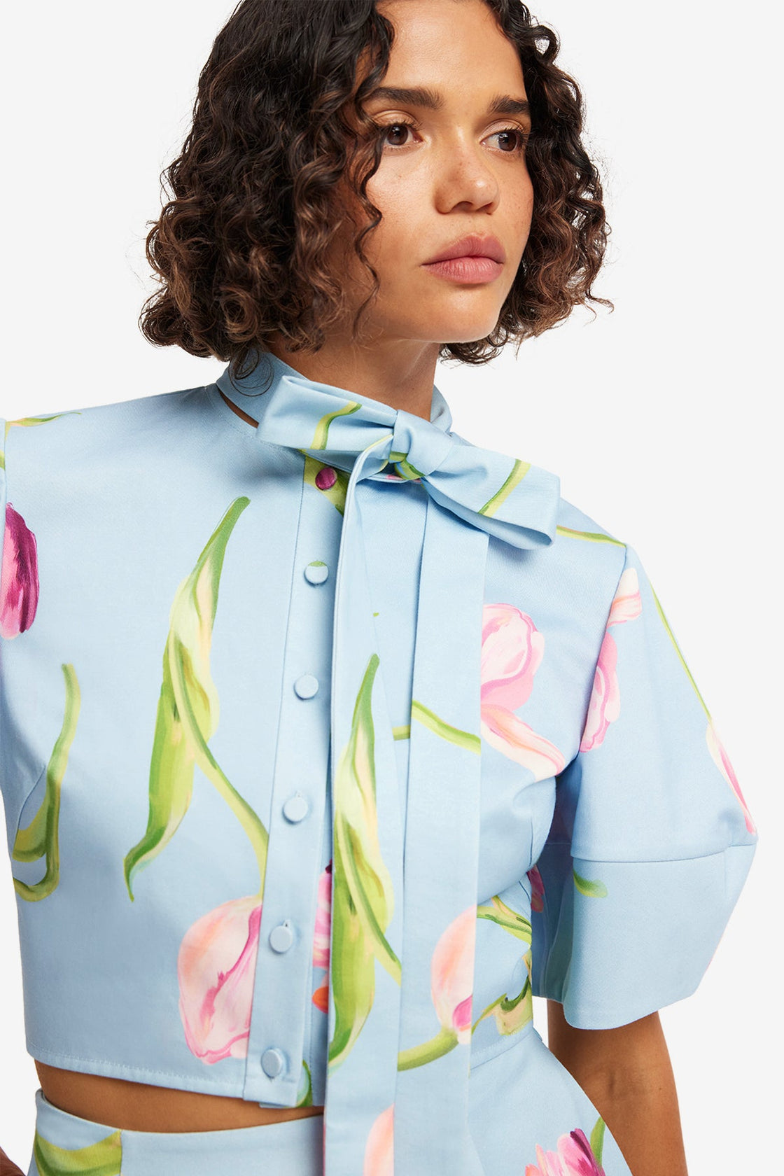 Molly Puff Sleeve Top - Tulip Print in Blue Tops