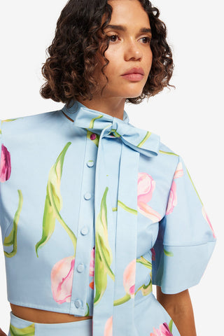 Molly Puff Sleeve Top - Tulip Print in Blue Tops